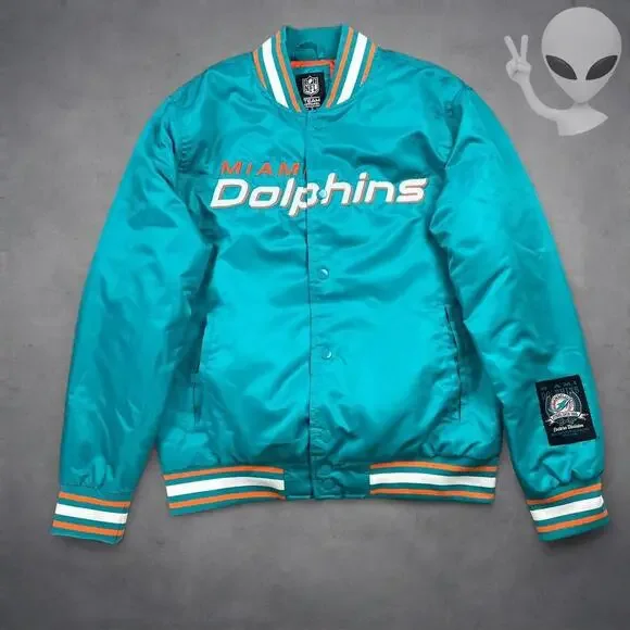 Miami Dolphins NFL Chalk Line Satin Bomber Jacket Small Teal Orange Varsity - Picture 3 of 8